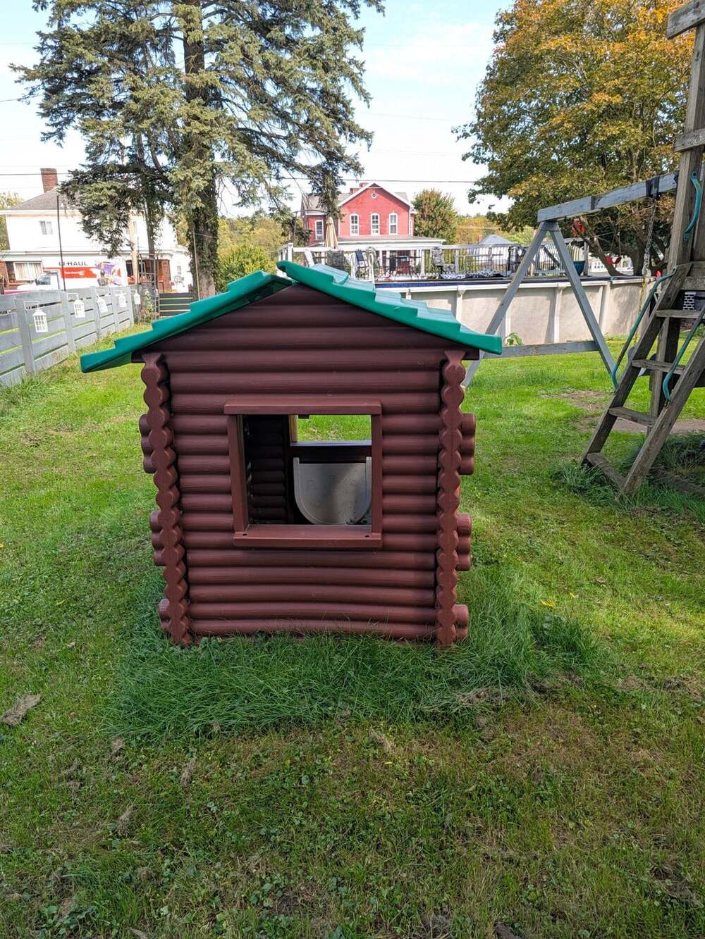 Little Tikes Log Cabin Outdoor Playhouse with Yellow Doors, Fireplace